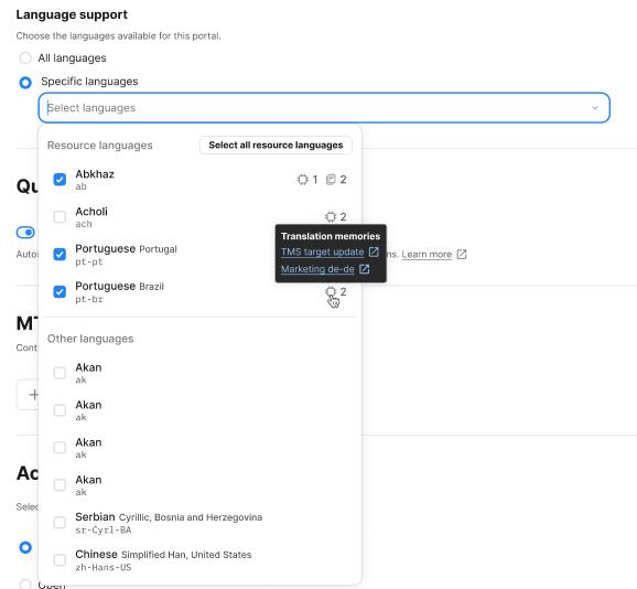 Portal - Available TM per Language